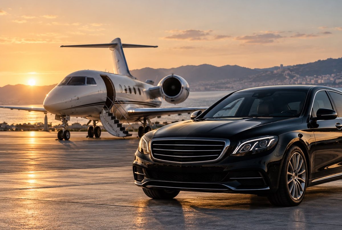Black executive car beside a private jet at sunset