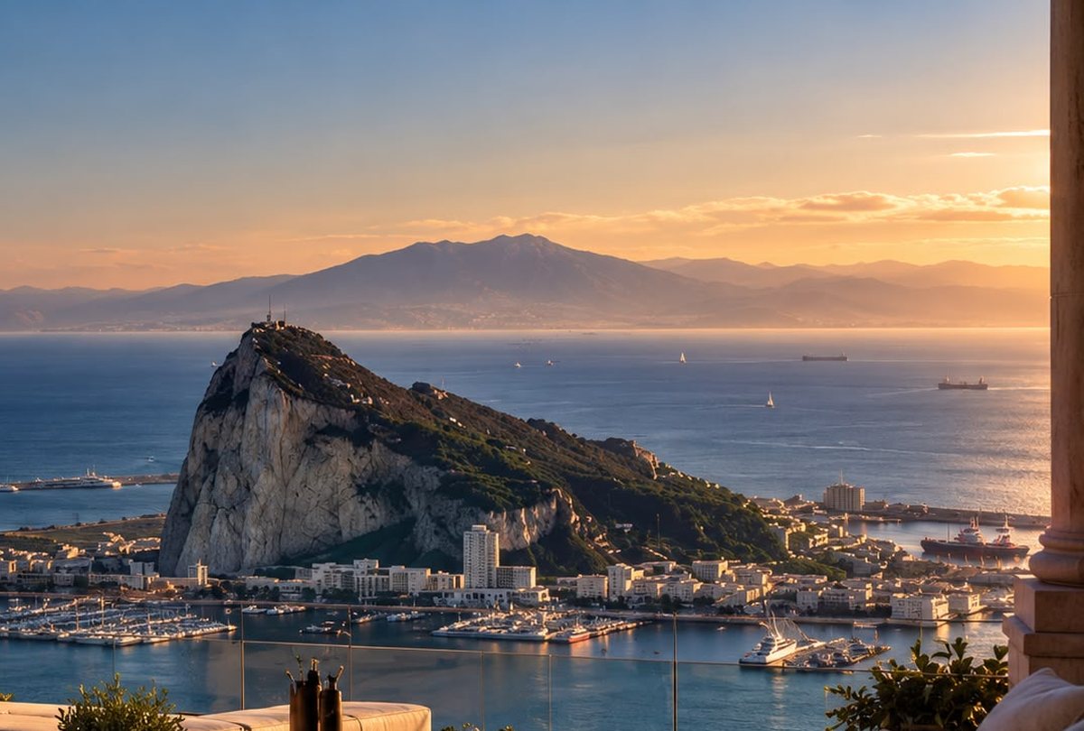 Stone column and harbour view towards the Rock of Gibraltar