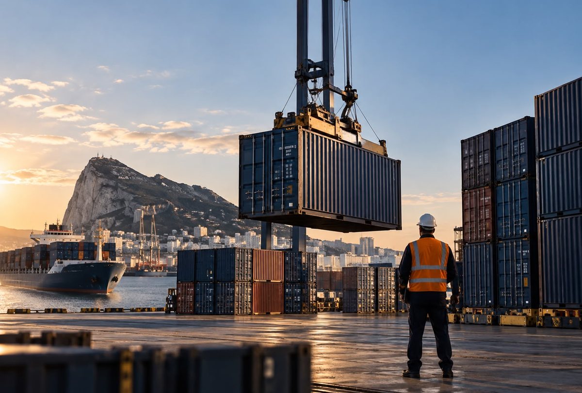Container being lifted at Gibraltar port with the Rock behind