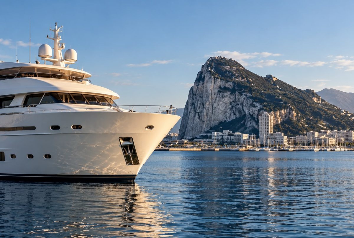 Superyacht moored in front of the Rock of Gibraltar